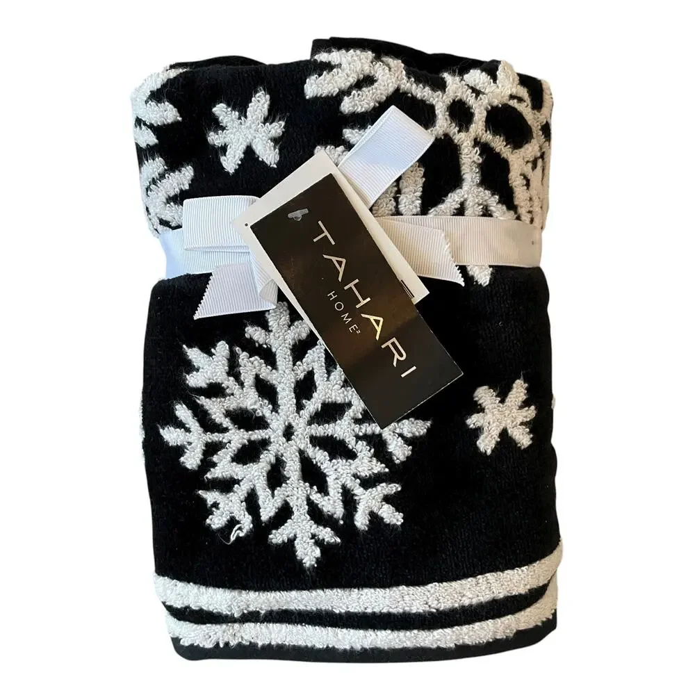 Tahari Christmas SNOWFLAKE Hand Towels 18x28 Coton Black & White Set of 2 New